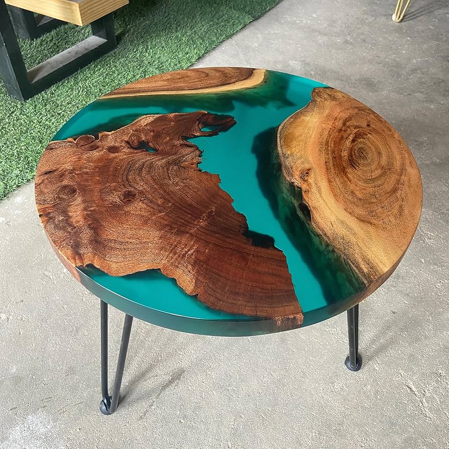 Mesa río redonda en madera y resina verde